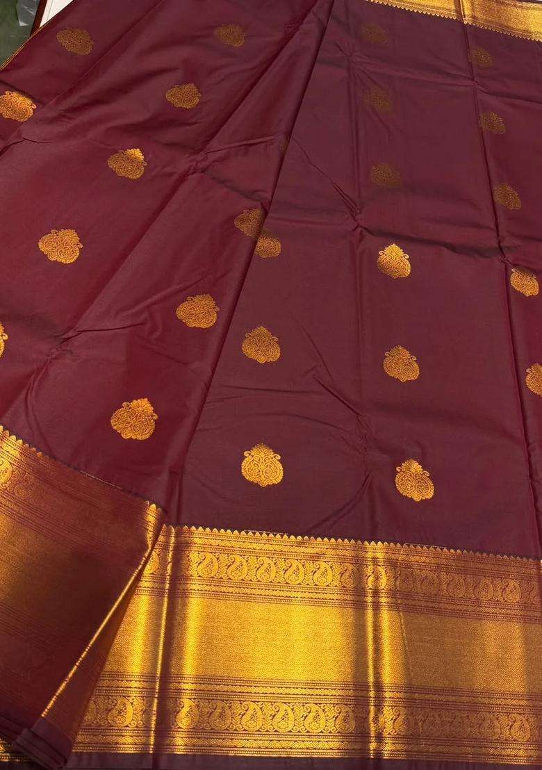 Brown Semi Kanchipuram Silk Saree With Traditional Woven Design For Women - Indya