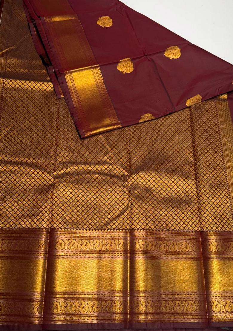 Brown Semi Kanchipuram Silk Saree With Traditional Woven Design For Women - Indya