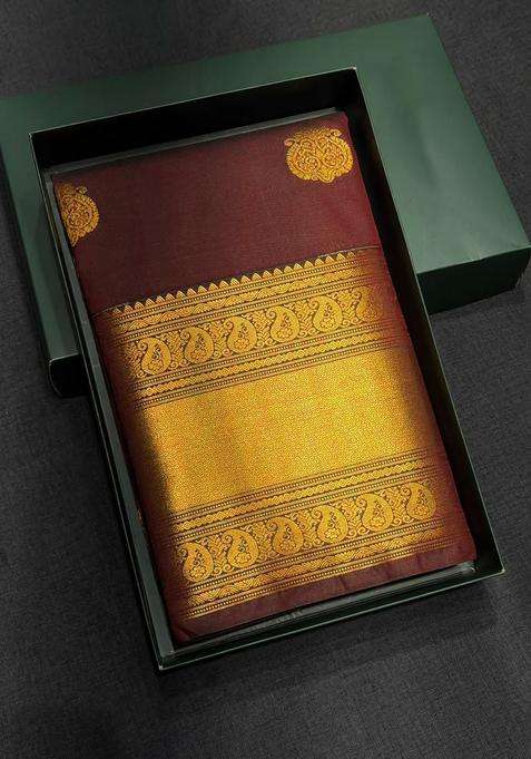 Brown Semi Kanchipuram Silk Saree With Traditional Woven Design For Women
