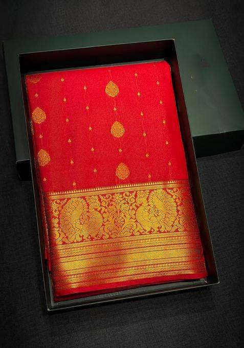 Red Semi Kanchipuram Silk Saree With Traditional Woven Design For Women