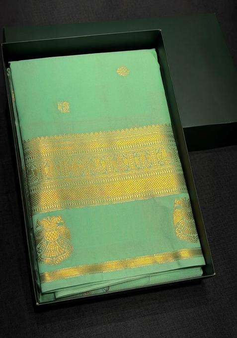 Pista Green Semi Kanchipuram Silk Saree With Traditional Woven Design For Women
