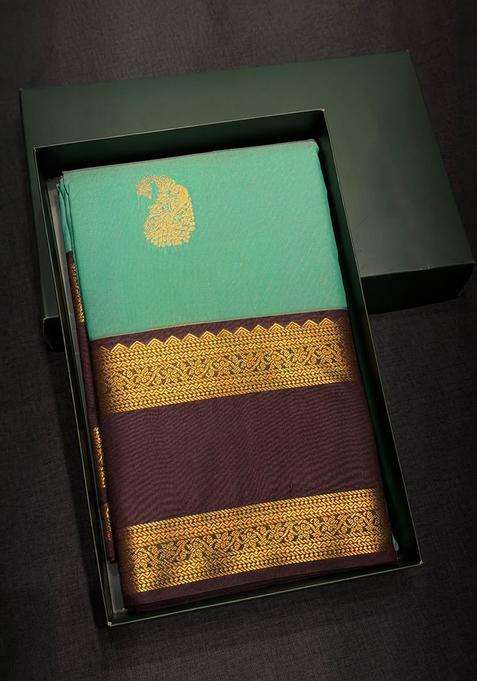 Pista Green And Deep Purple Semi Kanchipuram Silk Saree With Traditional Woven Design For Women