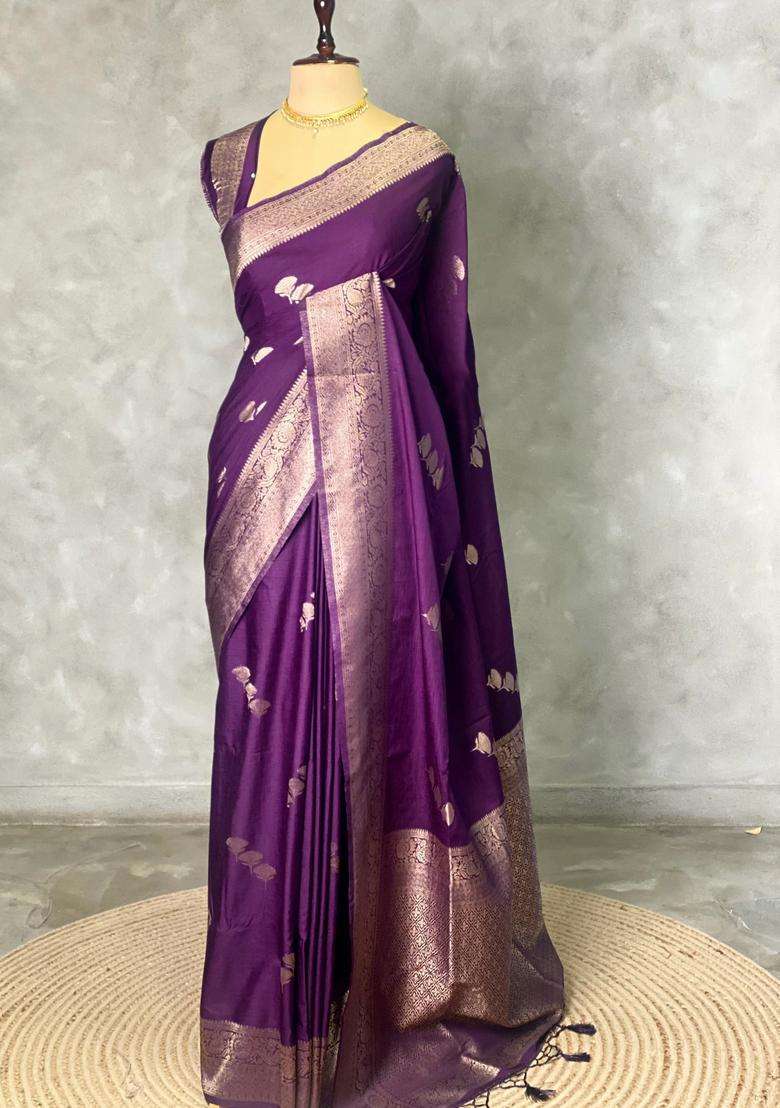 Purple Semi Tusser Silk Tussar Saree With Traditional Woven Design For Women - Indya