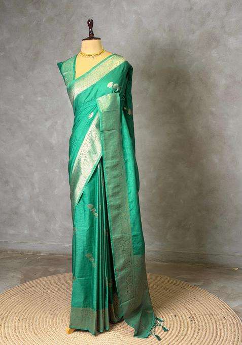 Emerald Green Semi Tusser Silk Tussar Saree With Traditional Woven Design For Women