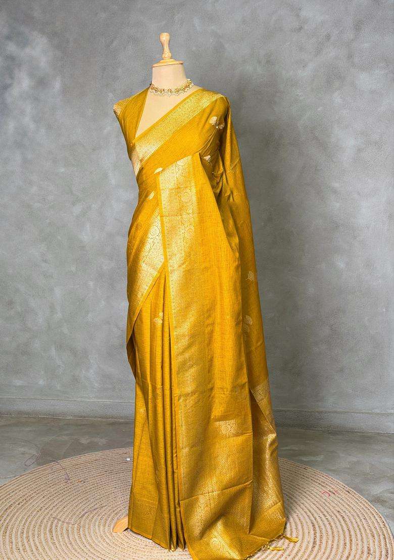 Mustard Yellow Semi Tusser Silk Tussar Saree With Traditional Woven Design For Women - Indya