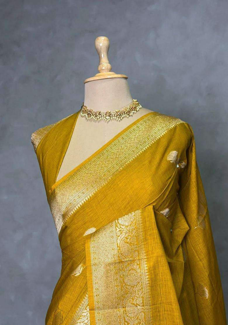 Mustard Yellow Semi Tusser Silk Tussar Saree With Traditional Woven Design For Women - Indya