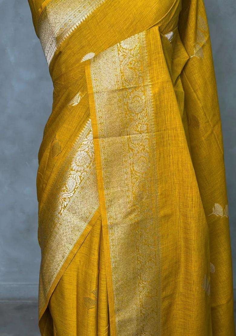Mustard Yellow Semi Tusser Silk Tussar Saree With Traditional Woven Design For Women - Indya