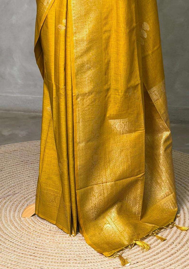 Mustard Yellow Semi Tusser Silk Tussar Saree With Traditional Woven Design For Women - Indya