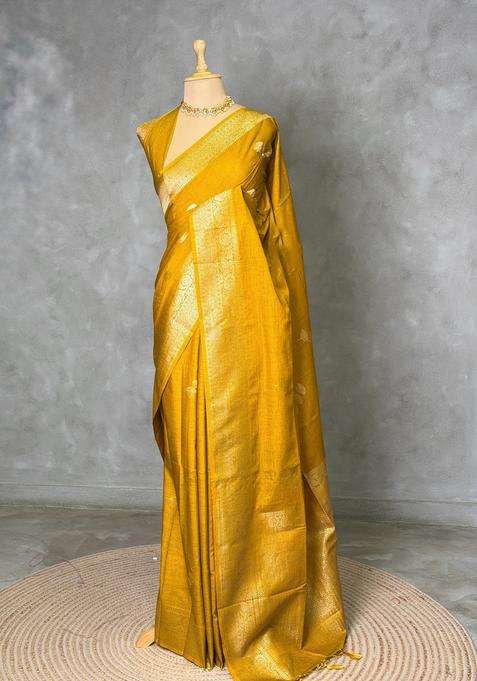 Mustard Yellow Semi Tusser Silk Tussar Saree With Traditional Woven Design For Women