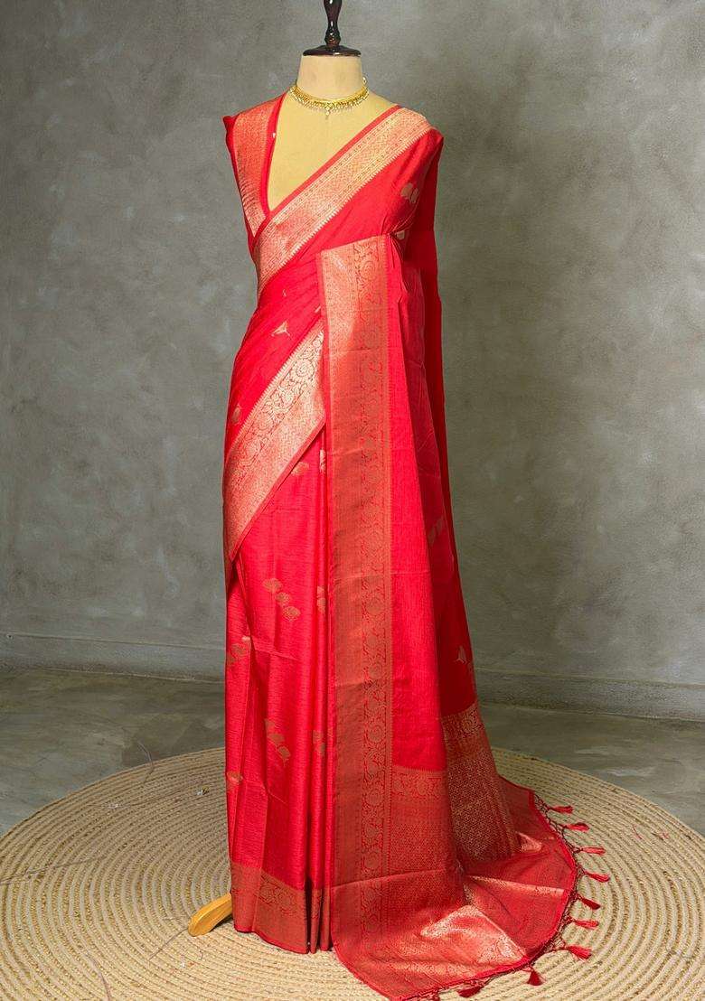 Dark Peach Semi Tusser Silk Tussar Saree With Traditional Woven Design For Women - Indya