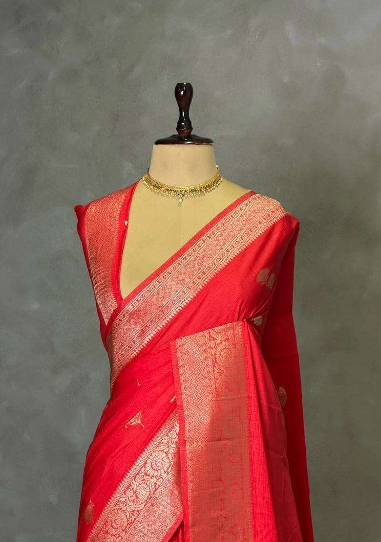Dark Peach Semi Tusser Silk Tussar Saree With Traditional Woven Design For Women - Indya