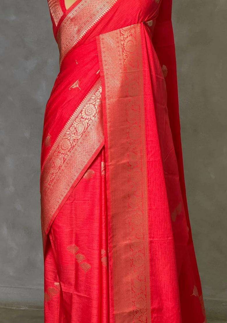 Dark Peach Semi Tusser Silk Tussar Saree With Traditional Woven Design For Women - Indya