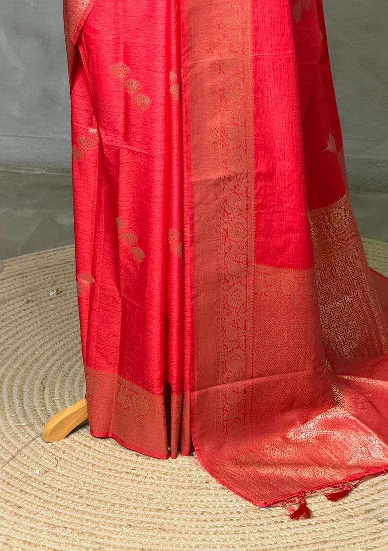 Dark Peach Semi Tusser Silk Tussar Saree With Traditional Woven Design For Women - Indya