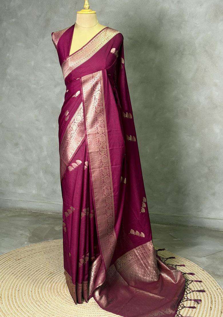 Deep Wine Semi Tusser Silk Tussar Saree With Traditional Woven Design For Women - Indya