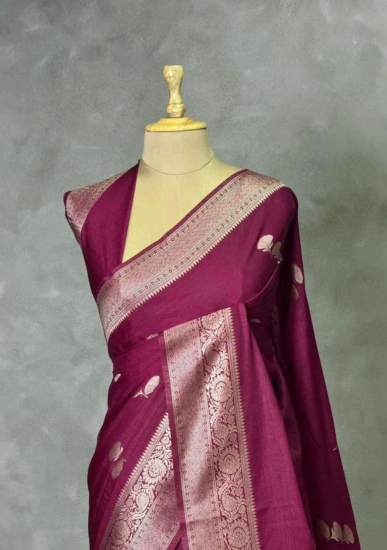Deep Wine Semi Tusser Silk Tussar Saree With Traditional Woven Design For Women - Indya