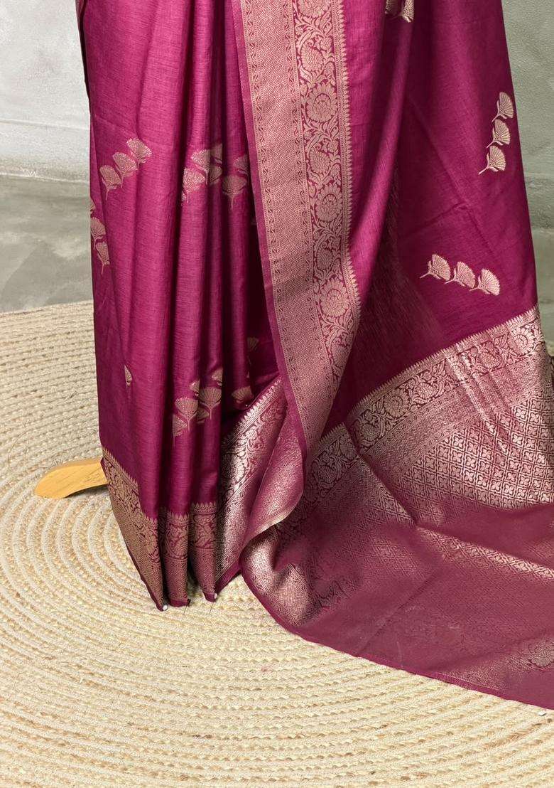 Deep Wine Semi Tusser Silk Tussar Saree With Traditional Woven Design For Women - Indya