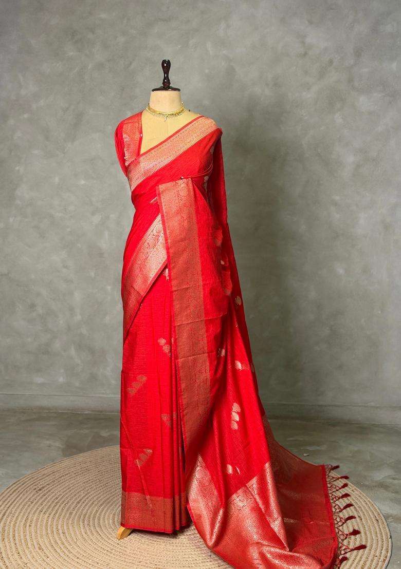 Red Semi Tusser Silk Tussar Saree With Traditional Woven Design For Women - Indya