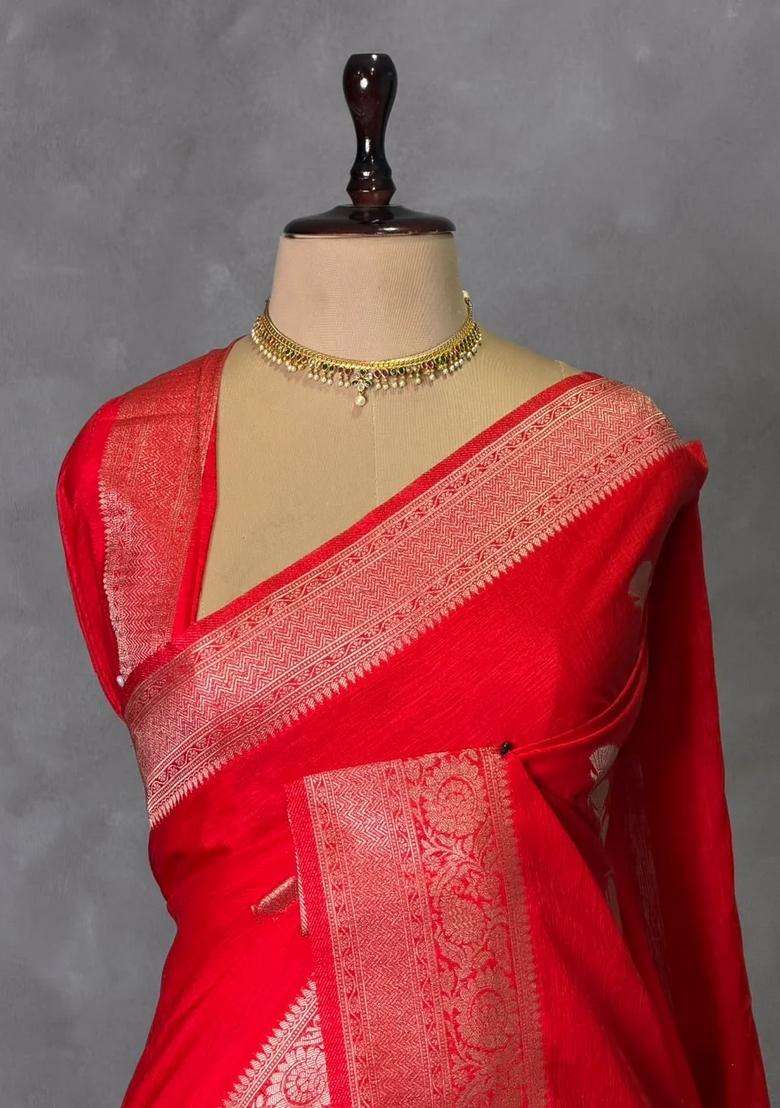 Red Semi Tusser Silk Tussar Saree With Traditional Woven Design For Women - Indya