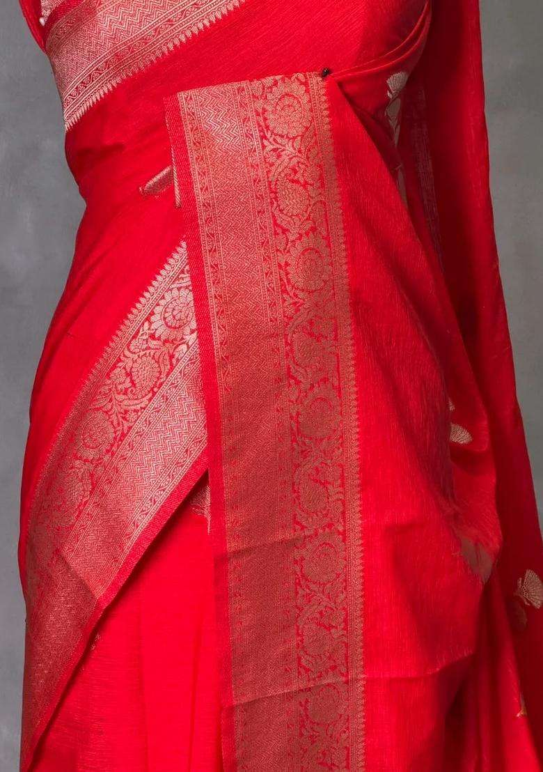Red Semi Tusser Silk Tussar Saree With Traditional Woven Design For Women - Indya