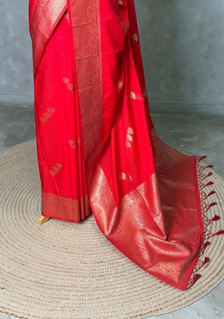 Red Semi Tusser Silk Tussar Saree With Traditional Woven Design For Women - Indya