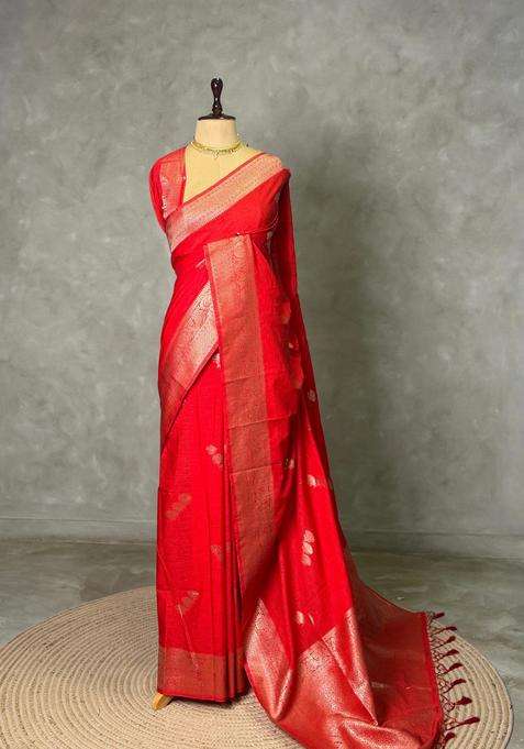 Red Semi Tusser Silk Tussar Saree With Traditional Woven Design For Women