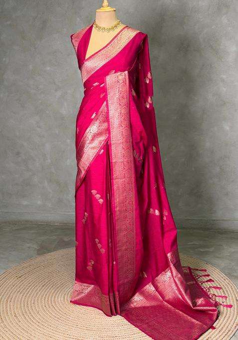 Rani Pink Semi Tusser Silk Tussar Saree With Traditional Woven Design For Women