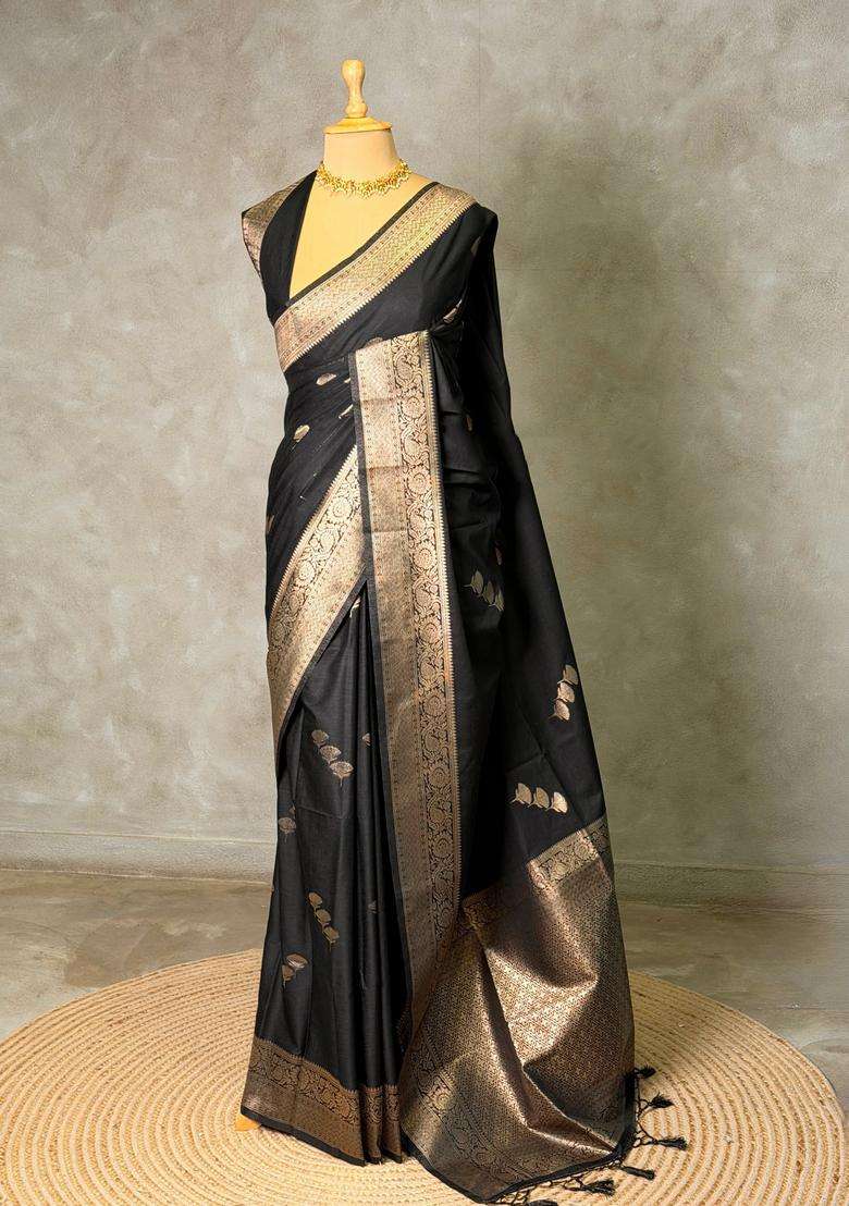Black Semi Tusser Silk Tussar Saree With Traditional Woven Design For Women - Indya