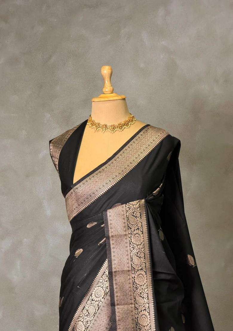 Black Semi Tusser Silk Tussar Saree With Traditional Woven Design For Women - Indya