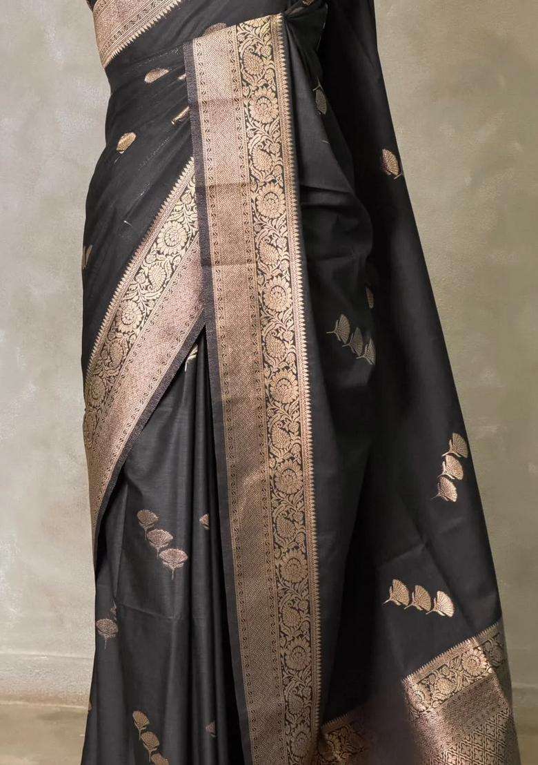 Black Semi Tusser Silk Tussar Saree With Traditional Woven Design For Women - Indya
