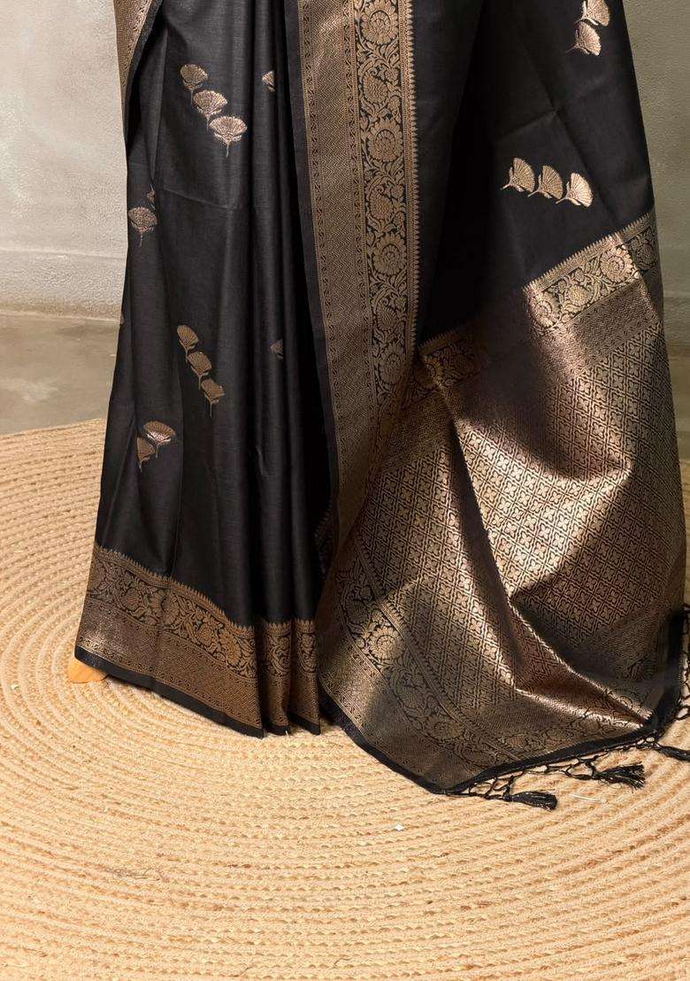 Black Semi Tusser Silk Tussar Saree With Traditional Woven Design For Women - Indya