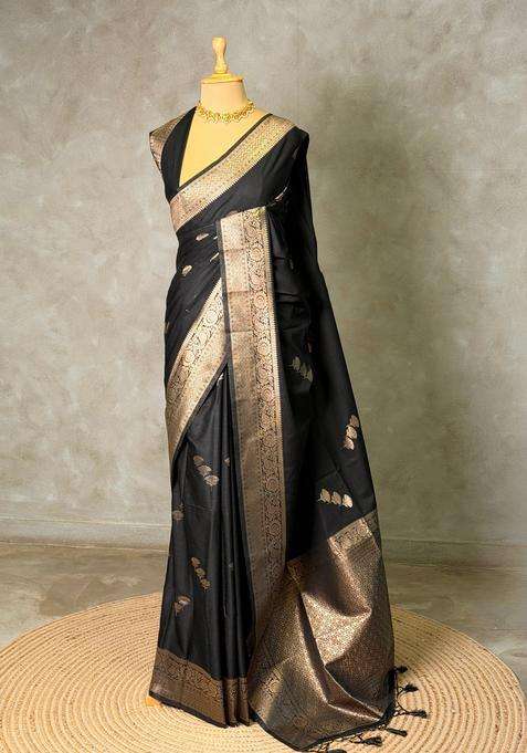 Black Semi Tusser Silk Tussar Saree With Traditional Woven Design For Women