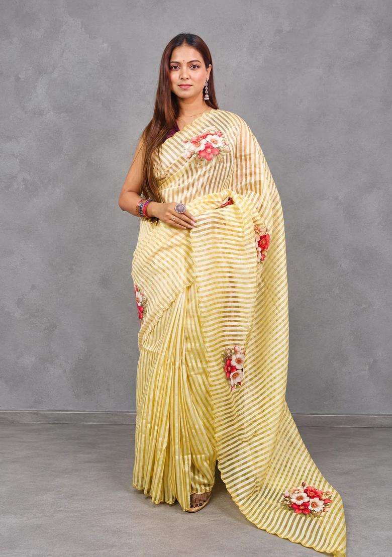 Pastal Yellow Pure Kora Tissue Saree With Traditional Woven Design For Women - Indya