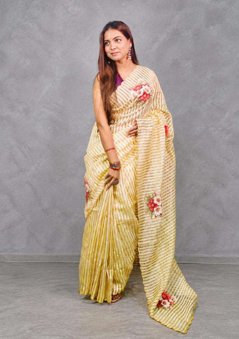 Pastal Yellow Pure Kora Tissue Saree With Traditional Woven Design For Women - Indya
