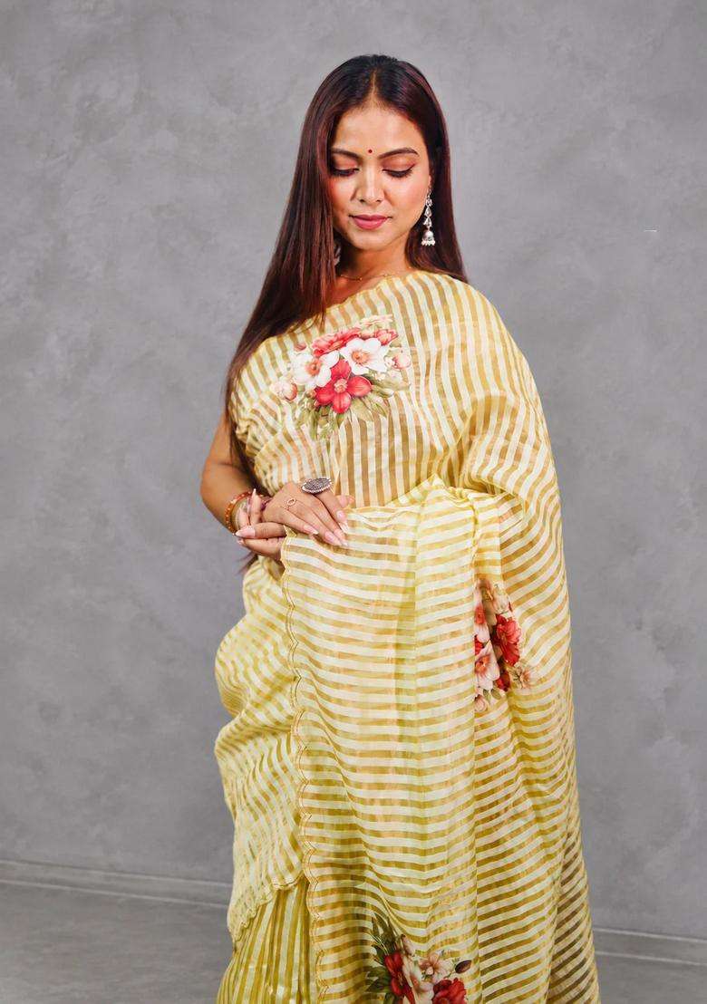 Pastal Yellow Pure Kora Tissue Saree With Traditional Woven Design For Women - Indya