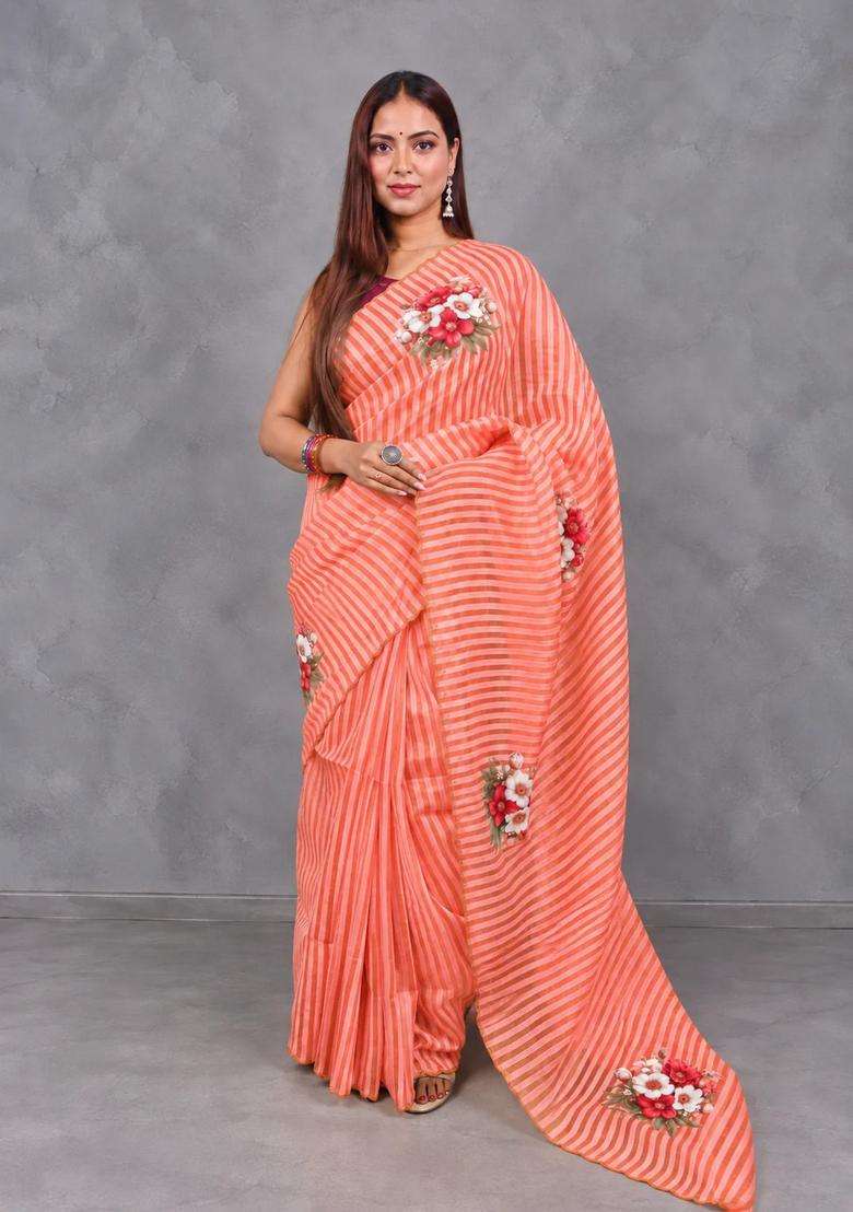 Coral Peach Pure Kora Tissue Saree With Traditional Woven Design For Women - Indya