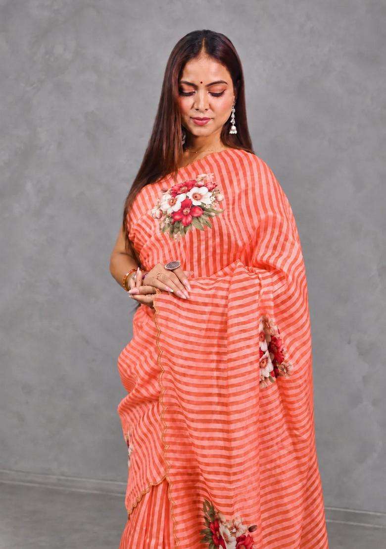 Coral Peach Pure Kora Tissue Saree With Traditional Woven Design For Women - Indya