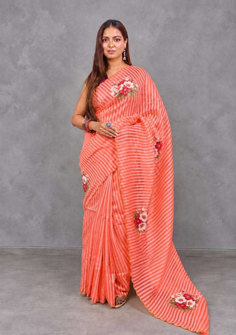 Coral Peach Pure Kora Tissue Saree With Traditional Woven Design For Women - Indya