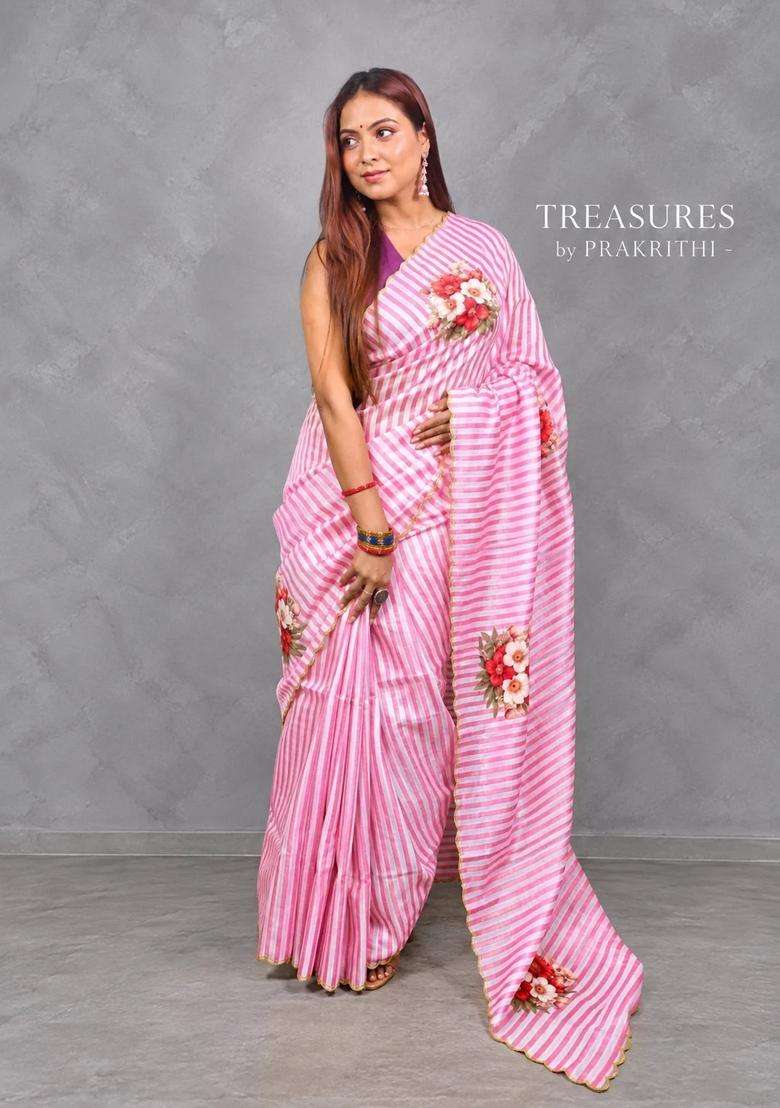 Pink Pure Kora Tissue Saree With Traditional Woven Design For Women - Indya