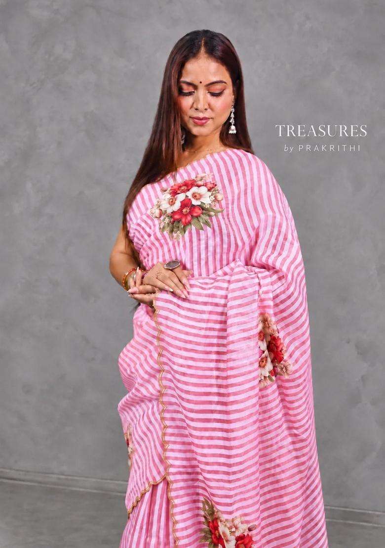 Pink Pure Kora Tissue Saree With Traditional Woven Design For Women - Indya