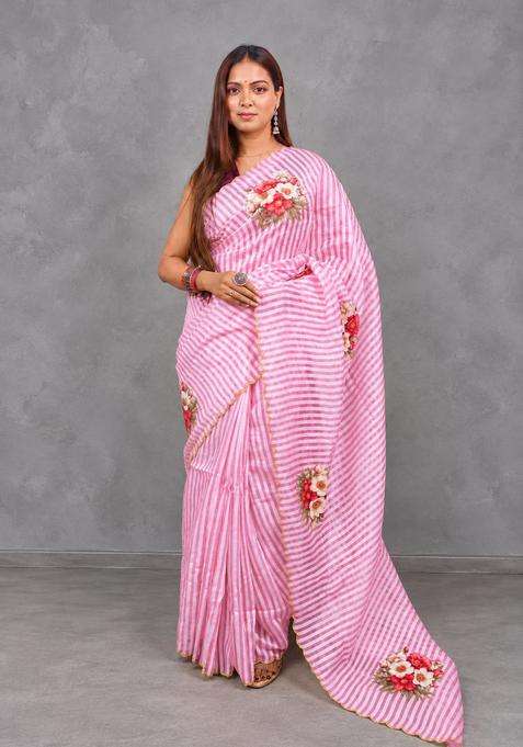 Pink Pure Kora Tissue Saree With Traditional Woven Design For Women