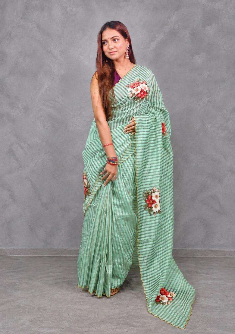 Emerald Green Pure Kora Tissue Saree With Traditional Woven Design For Women - Indya