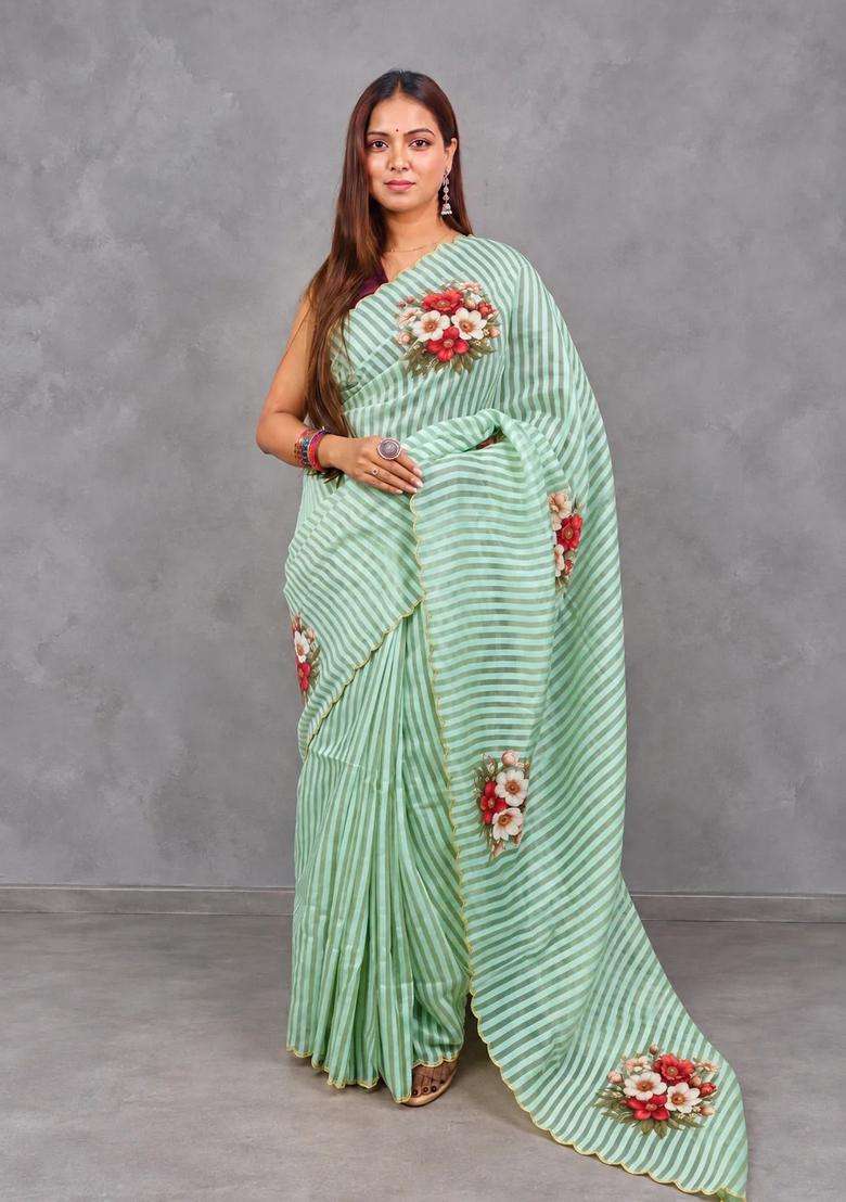 Emerald Green Pure Kora Tissue Saree With Traditional Woven Design For Women - Indya