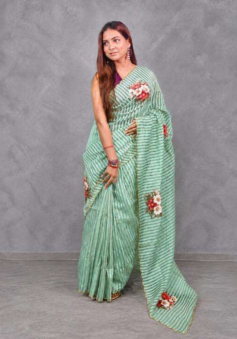 Emerald Green Pure Kora Tissue Saree With Traditional Woven Design For Women