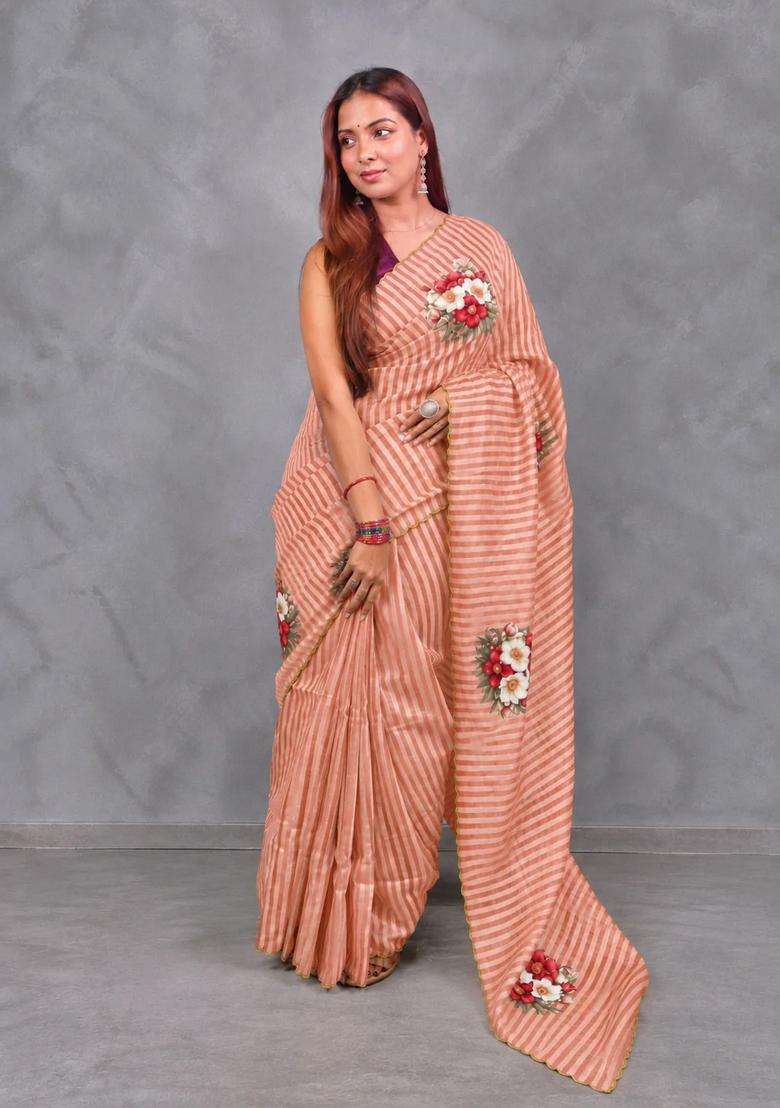 Pastal Peach Pure Kora Tissue Saree With Traditional Woven Design For Women - Indya