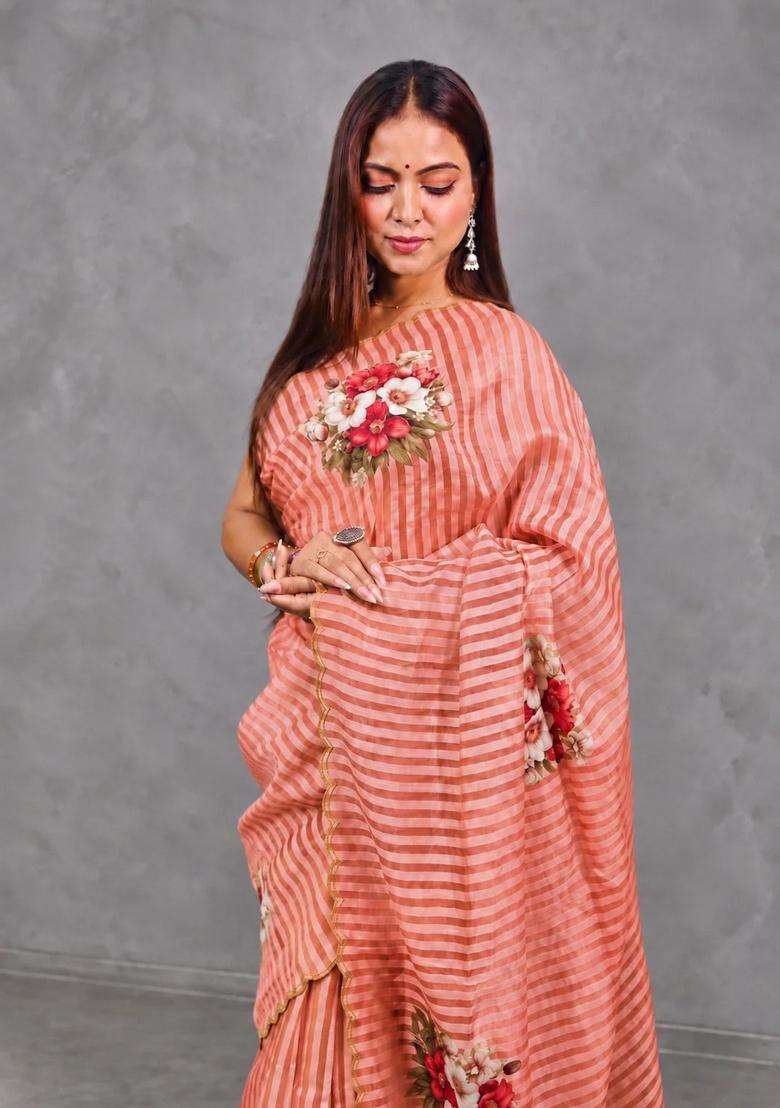 Pastal Peach Pure Kora Tissue Saree With Traditional Woven Design For Women - Indya