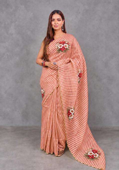 Pastal Peach Pure Kora Tissue Saree With Traditional Woven Design For Women