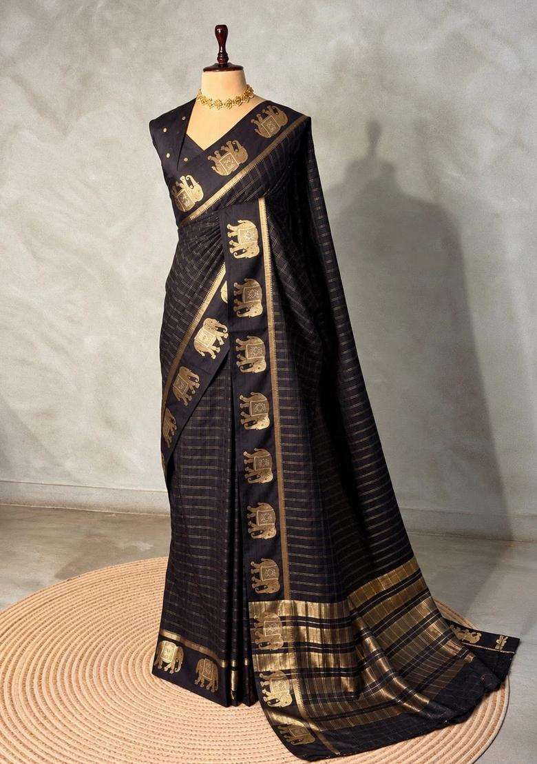 Black Soft Silk Saree With Traditional Woven Design For Women - Indya