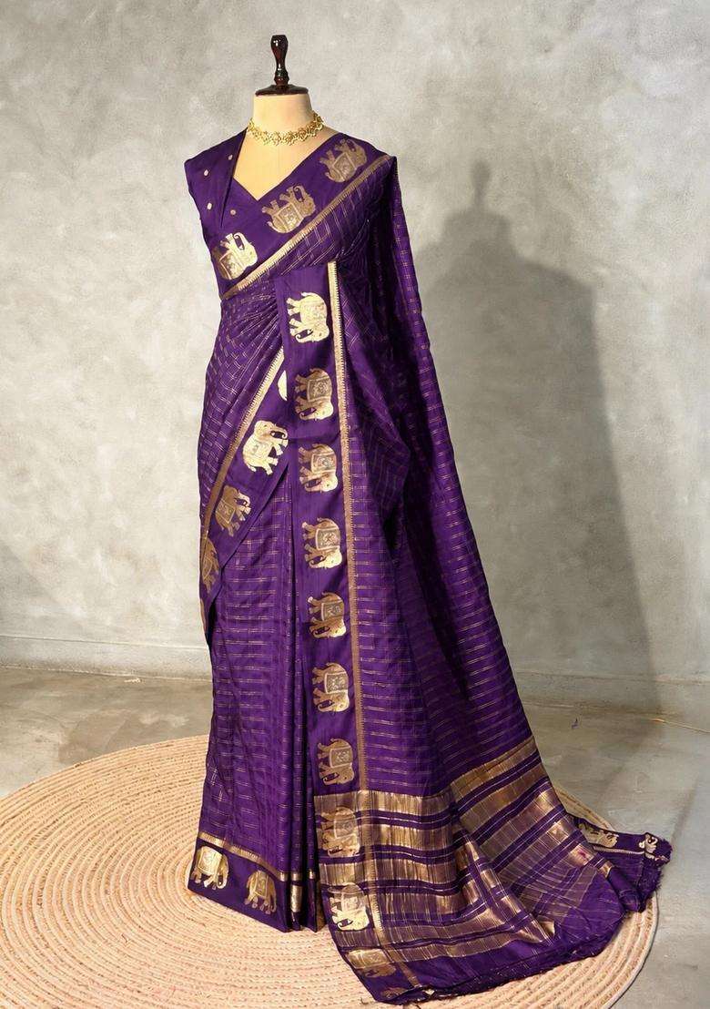 Violet Soft Silk Saree With Traditional Woven Design For Women - Indya