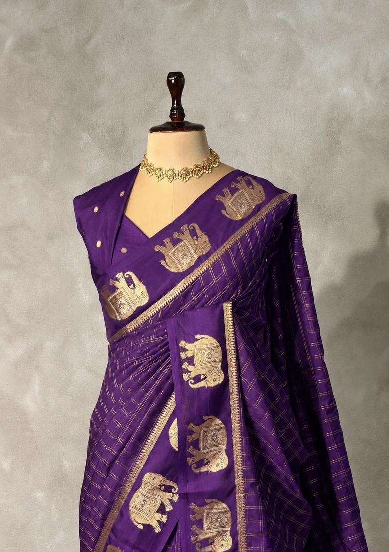 Violet Soft Silk Saree With Traditional Woven Design For Women - Indya