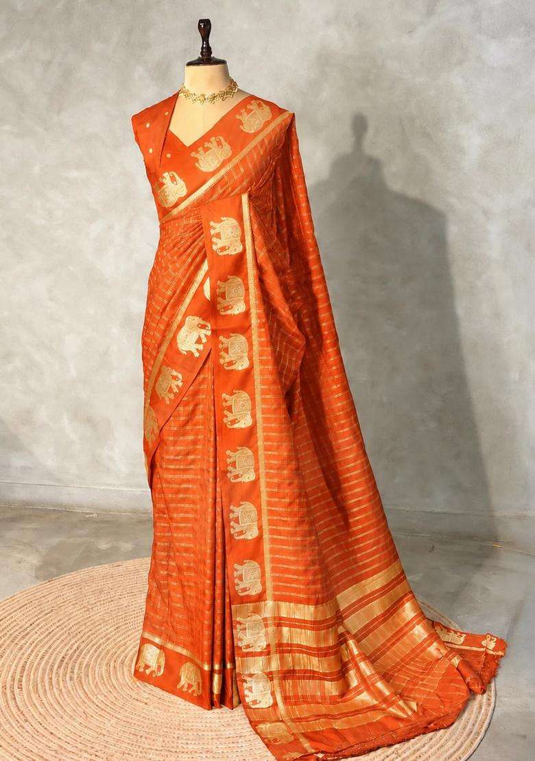 Orange Soft Silk Saree With Traditional Woven Design For Women - Indya